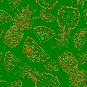 Golden tossed scattered Caribbean pineapples line drawings on emerald green small 12”  repeat 