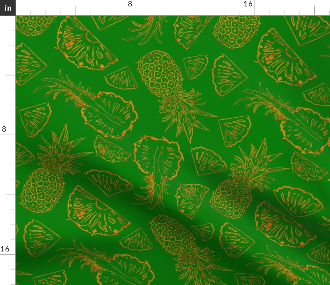Golden tossed scattered Caribbean pineapples line drawings on emerald green small 12”  repeat 