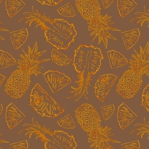 Golden tossed scattered pineapples line drawings on brown bronze small 6” repeat 