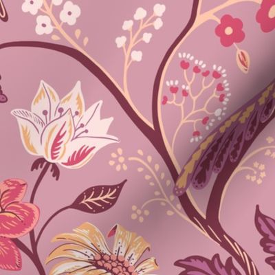 Exotic Chinoiserie/Chintz in luscious soft shades of Mauve, rose, peach, chocolate, smoked lavender and vanilla