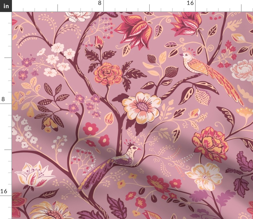 Exotic Chinoiserie/Chintz in luscious soft shades of Mauve, rose, peach, chocolate, smoked lavender and vanilla