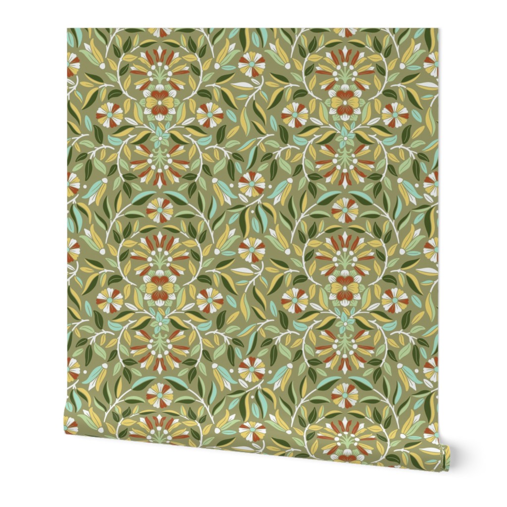 Botanical Arts and Crafts in bright green - Floral symmetric Morris design - Big Size