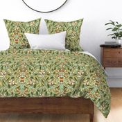 Botanical Arts and Crafts in bright green - Floral symmetric Morris design - Big Size