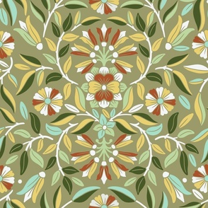 Botanical Arts and Crafts in bright green - Floral symmetric Morris design - Big Size