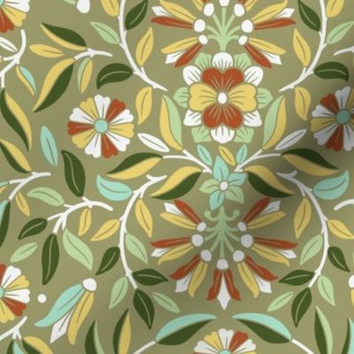 Botanical Arts and Crafts in bright green - Floral symmetric Morris design - Small Size