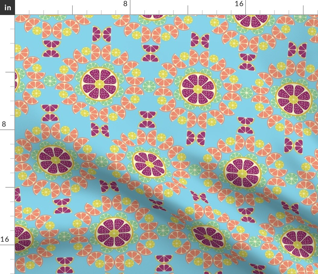 Citrus Fruits - Grapefruit - Oranges - Lemons - Limes - Boho Floral - on Aqua Blue