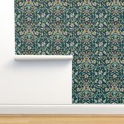 Botanical Arts and Crafts in green and blue - Floral symmetric Morris design - Big Size