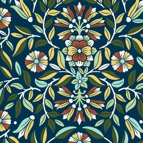 Botanical Arts and Crafts in green and blue - Floral symmetric Morris design - Big Size