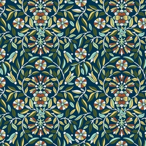 Botanical Arts and Crafts in green and blue - Floral symmetric Morris design - Small Size