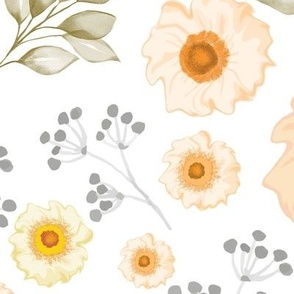 Peachy large florals, grey leaves on white background