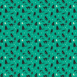 Witchy green halloween cats and bats, bright