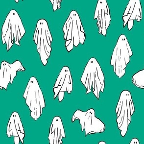 Sheet ghosts, ghouls, ghosties, halloween fabric, white on green