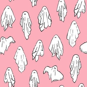 Sheet ghosts, ghoul gang,  ghouls, ghosties, halloween fabric, white on cherry blossom pink