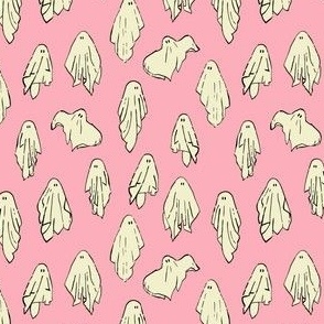Sheet ghosts, ghoul gang,  ghouls, ghosties, halloween fabric, cream on cherry blossom pink