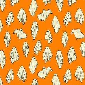 Sheet ghosts, ghoul gang, ghouls, ghosties, halloween fabric, cream on orange