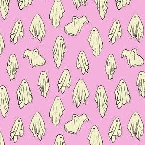 Sheet ghosts, ghoul gang, ghouls, ghosties, halloween fabric, cream on chantilly pink