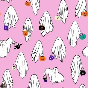 White sheet ghosts with candy buckets, trick or treating, ghoul gang, ghouls, halloween fabric, pink