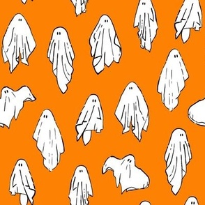 Sheet ghosts, ghoul gang, ghouls, halloween fabric, white on orange