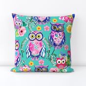 Funky owls on turquoise