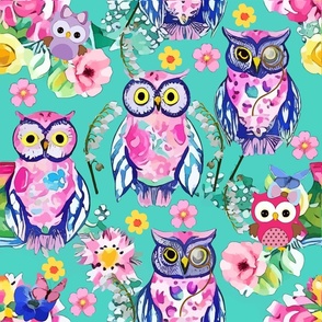 Funky owls on turquoise