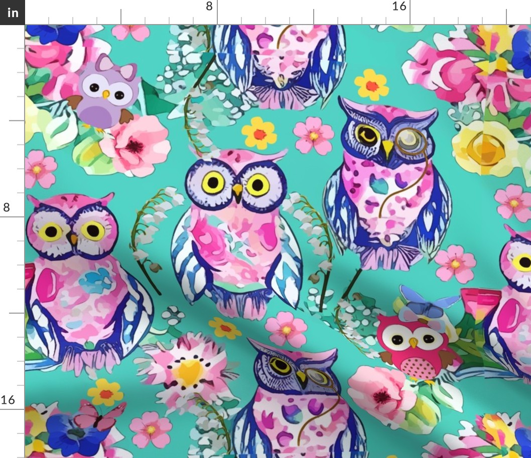 Funky owls on turquoise