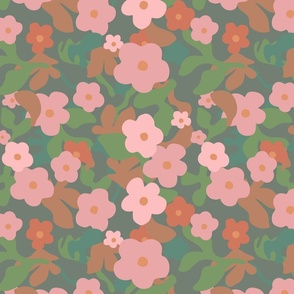 Boho Flower Design, Abstracted Floral , Pink, Green, and Rust, Festival Floral