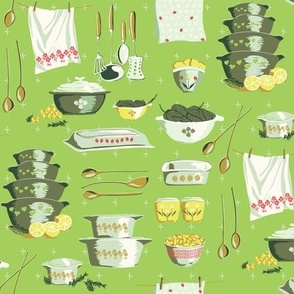 Vintage Dishes and Spoons with Lemons and Greens -  Lime Green with White, yellow, and pops of orange