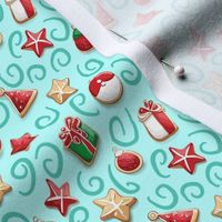 Christmas Holiday Cookies Ditsy on Aqua Blue Teal // little small scale tiny mini micro doll 