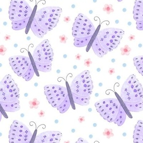Pretty Lilac Purple Watercolor Butterflies Flowers Dots
