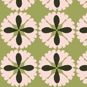 Folklore geometric circular scandi block print tile: greens and pale rose