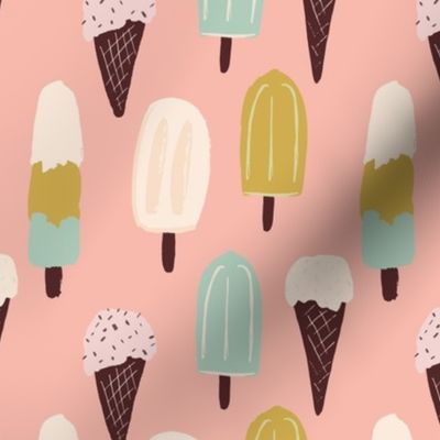 Retro Summer ice creams in candy colors of  pink, light blue, brown, cream