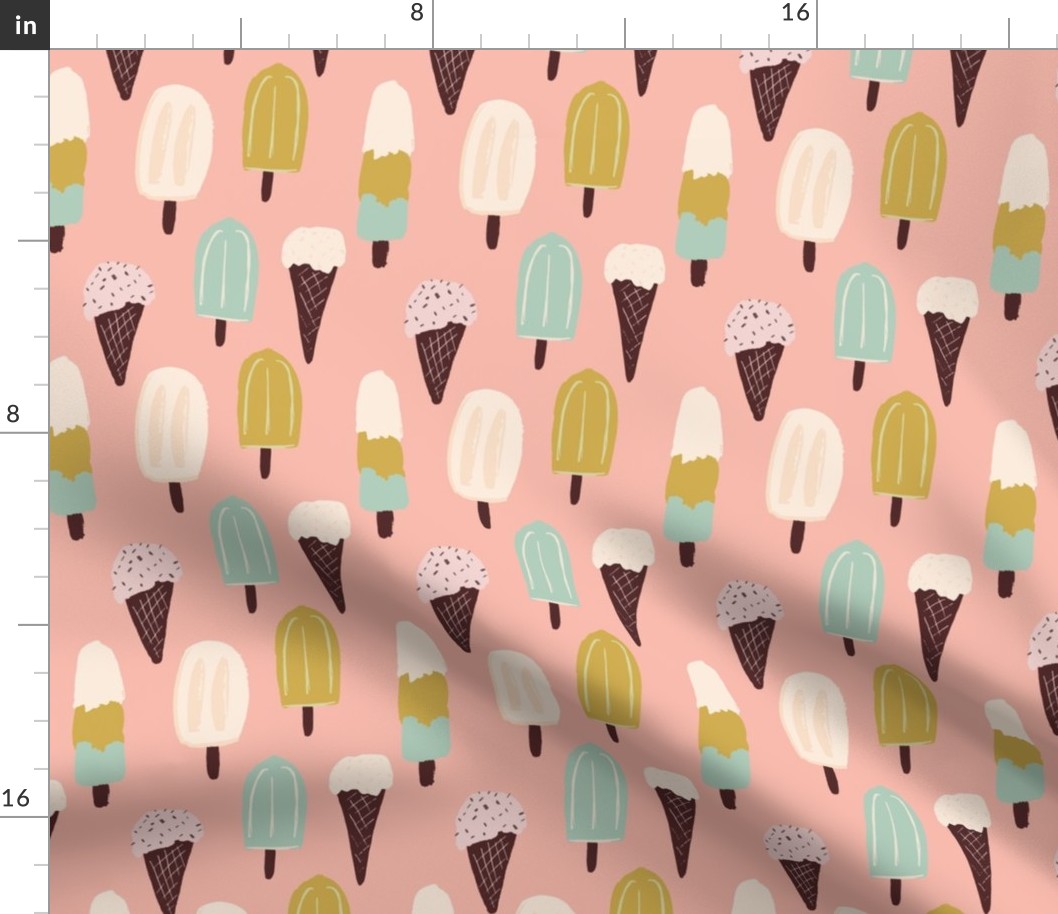 Retro Summer ice creams in candy colors of  pink, light blue, brown, cream
