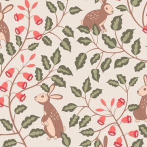 Brown Rabbits and Magenta Flowers on a light background 