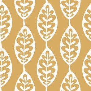 Block Print Whimsical Leaves In Stripe Formation - Textured White On Mustard Golden Yellow 