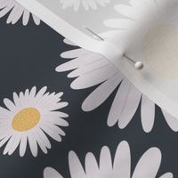 Large white daisy print on dark blue background