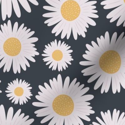 Large white daisy print on dark blue background
