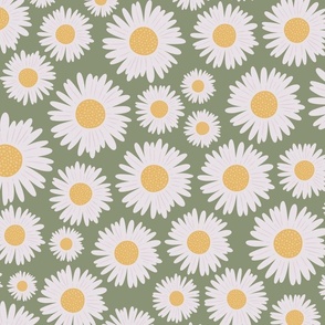 Large white daisy print on green background