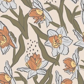 Small Scale | Soft Dreamy Elegant Floral Daffodil Flowers in Sage Green, Light Grey, Rusty Orange on Beige Cream in Romantic Playful Flower Style for Cottage Chic Wallpaper, Farmhouse Upholstery, Country Home Bedding, Cottagecore Curtains & Vintage Cushio