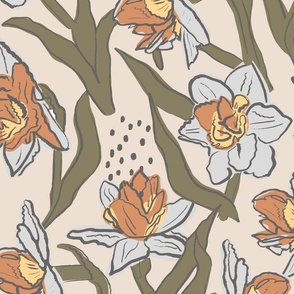Soft Dreamy Elegant Floral Daffodil Flowers in Sage Green, Light Grey, Rusty Orange on Beige Cream in Romantic Playful Flower Style for Cottage Chic Wallpaper, Farmhouse Upholstery, Country Home Bedding, Cottagecore Curtains & Vintage Cushions