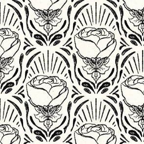 Monochrome Art Deco style roses in black on a cream background