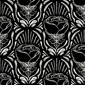 Monochrome Art Deco style roses in cream on a black background