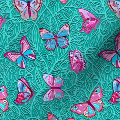 Butterfly Art Nouveau in Pink and Turquoise for custom request small print
