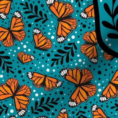 Large 27x18 Fat Quarter Panel Save the Monarchs on Turquoise for Tea Towel or Wall Hanging