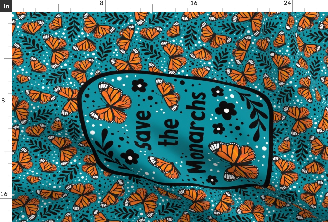 Large 27x18 Fat Quarter Panel Save the Monarchs on Turquoise for Tea Towel or Wall Hanging