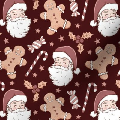 Boho Christmas fabric, Santa, gingerbread man WB23 medium scale dark mauve