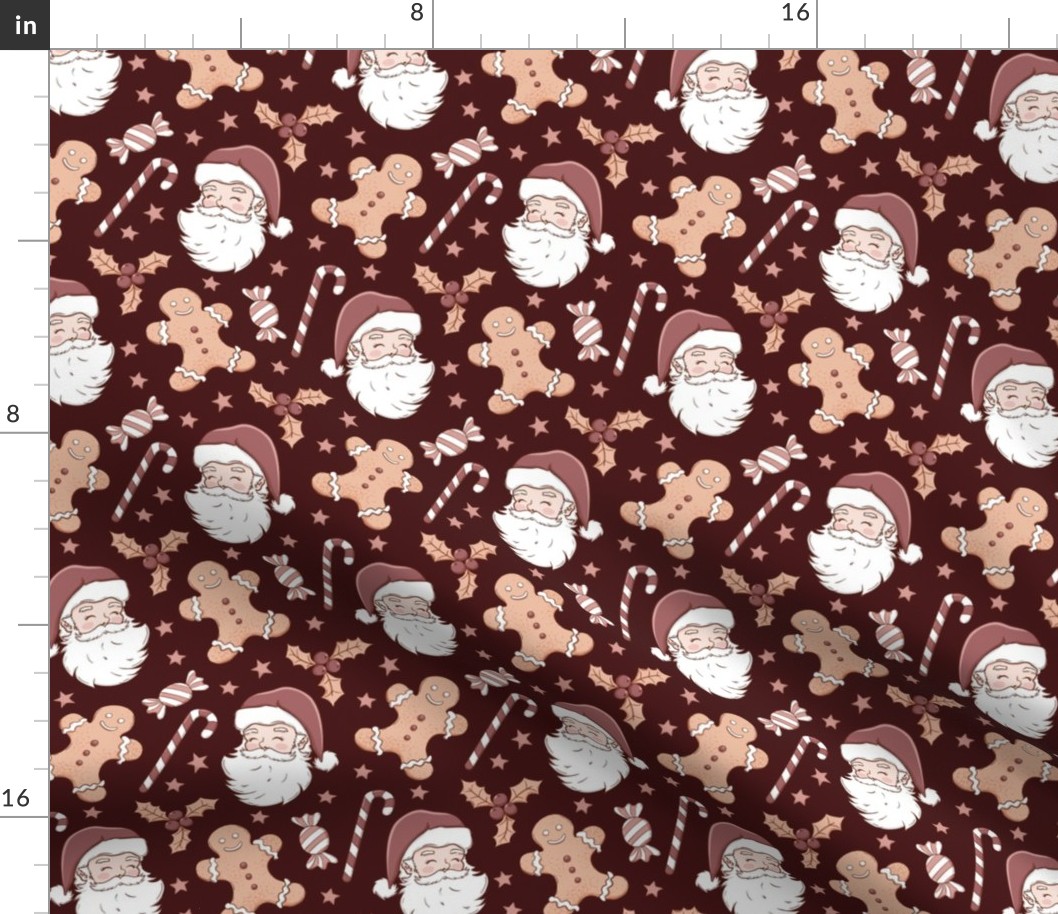 Boho Christmas fabric, Santa, gingerbread man WB23 medium scale dark mauve