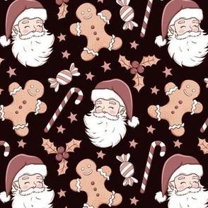 Boho Christmas fabric, Santa, gingerbread man WB23 medium scale dark