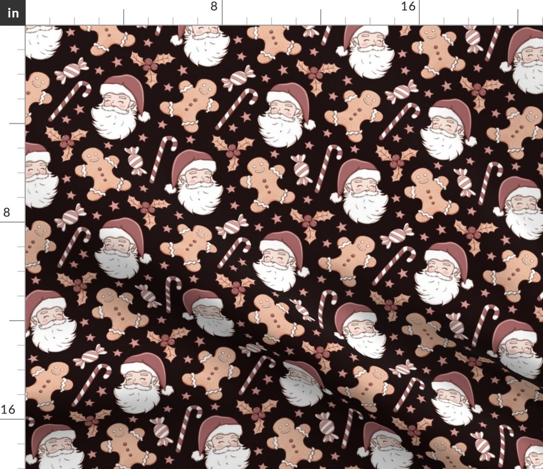 Boho Christmas fabric, Santa, gingerbread man WB23 medium scale dark