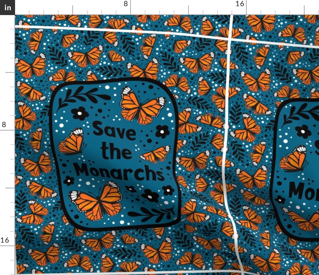14x18 Panel Save the Monarchs on Deep Turquoise Blue for DIY Garden Flag Small Wall Hanging or Hand Towel