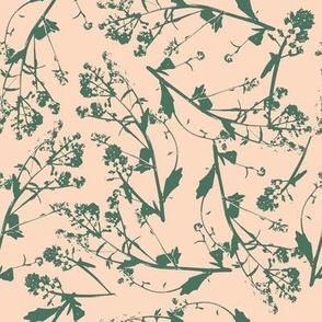 Organic meadow foliage in green on peach pink